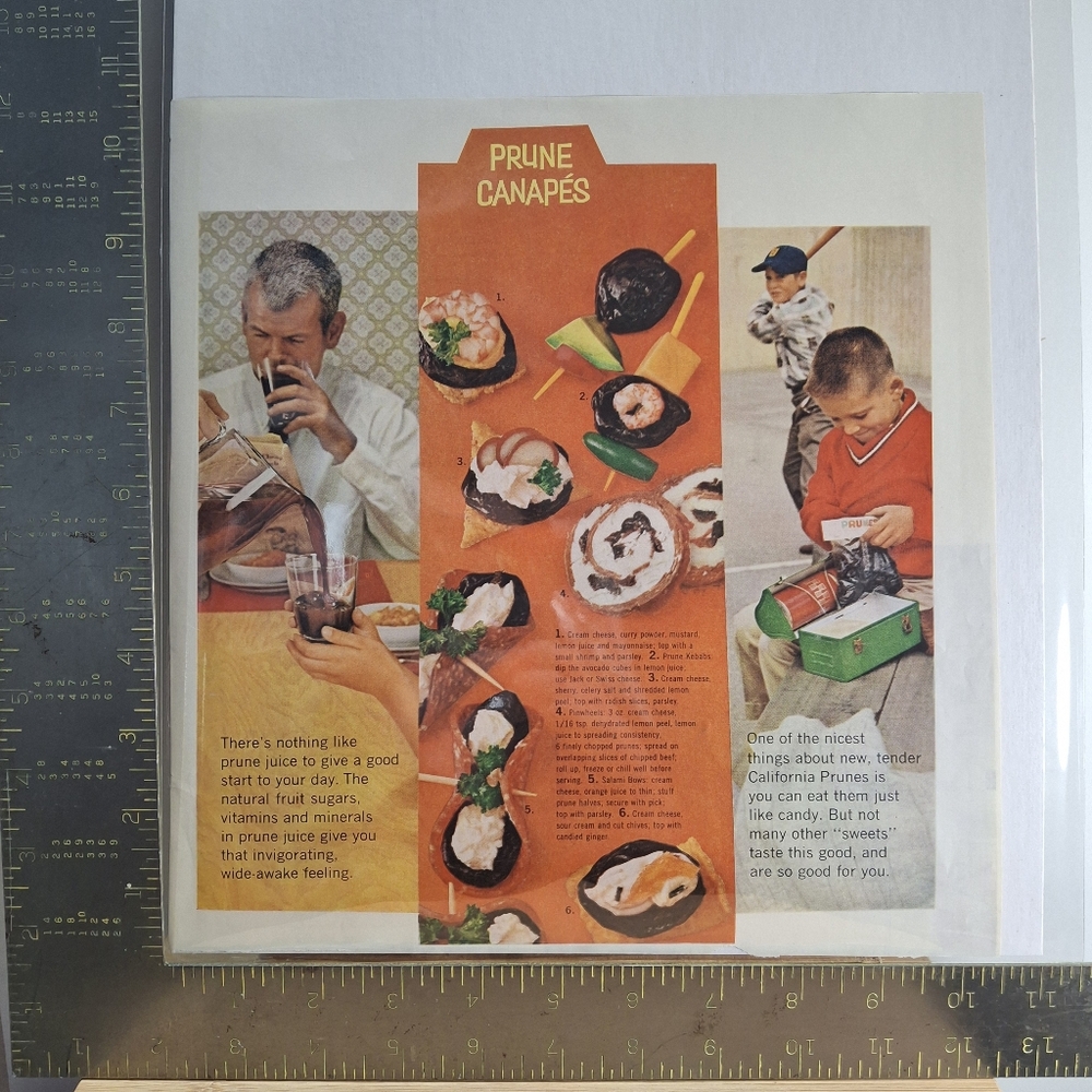 Prune Canapés Vintage Food Ad Poster - Orange, Black, Cream